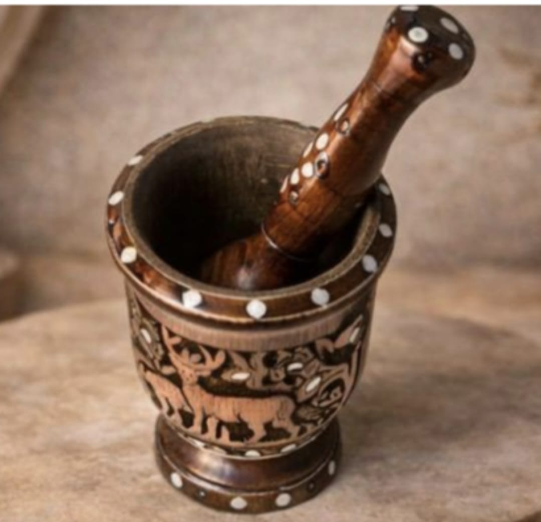 Handcrafted Wooden Mortar and Pestle with Traditional Inlay