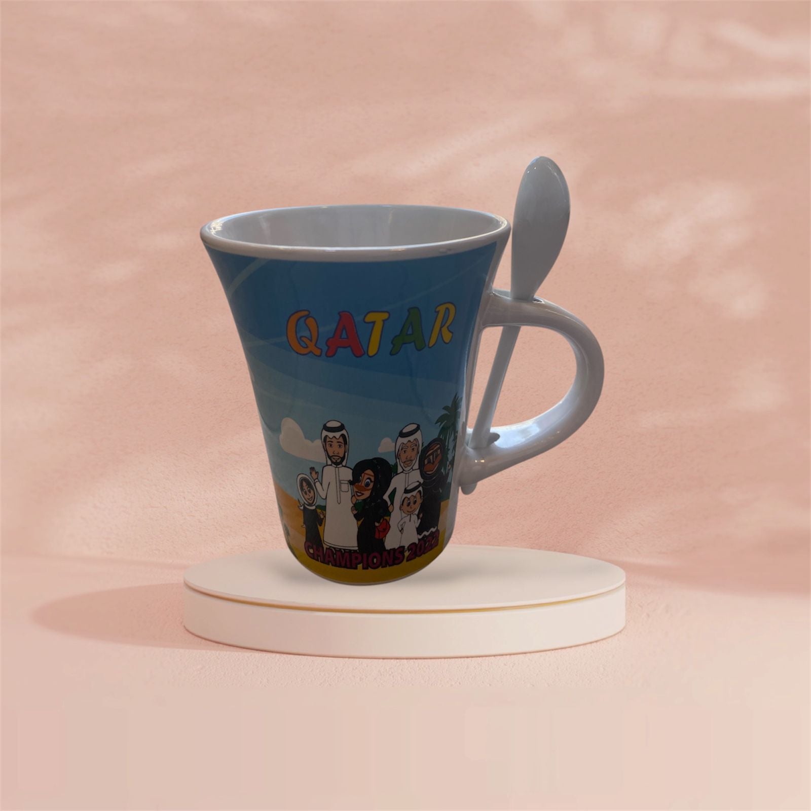 Qatar Champions Cartoon Mug with Spoon – Doha Culture Coffee Cup