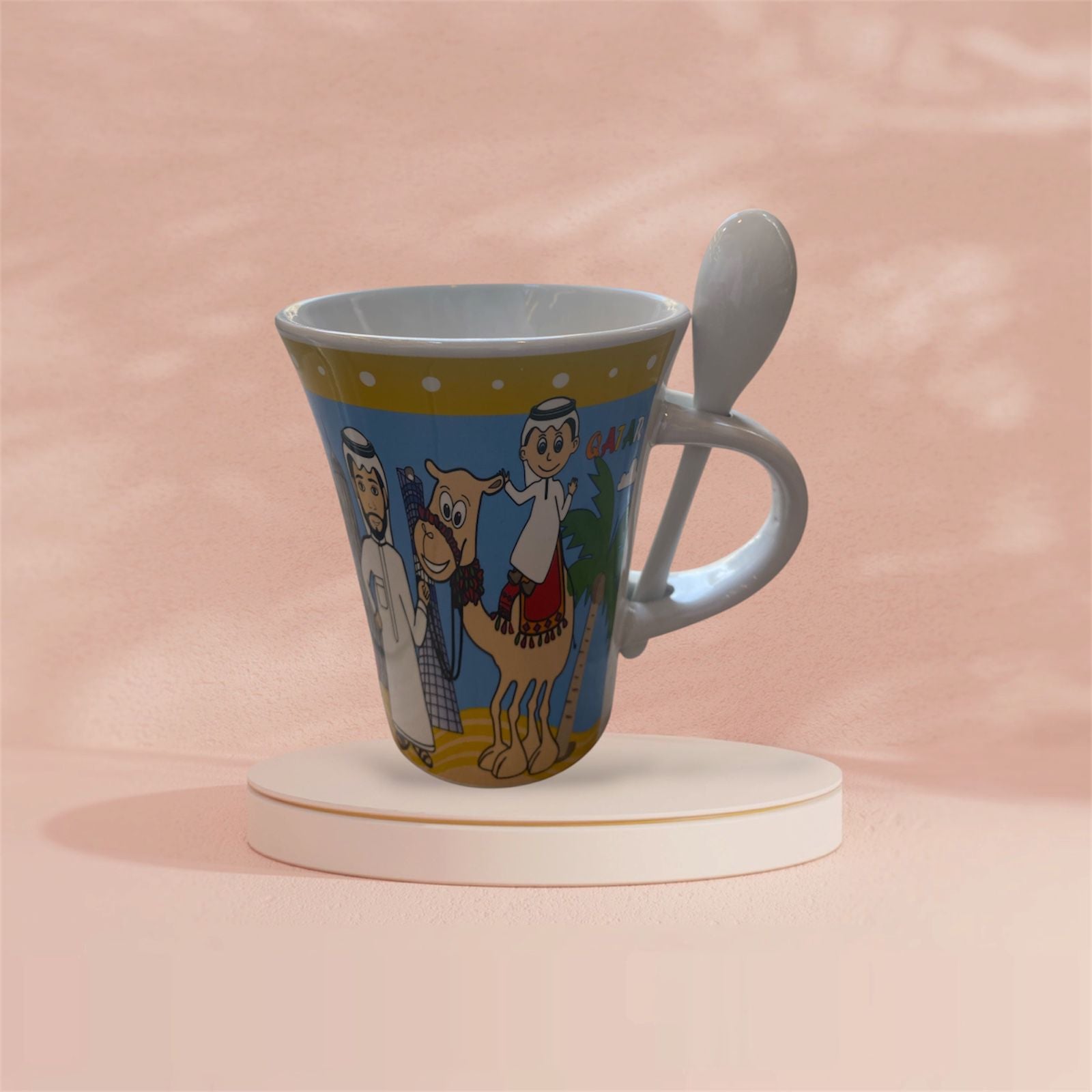 Qatar Camel Cartoon Mug with Spoon – Traditional Doha Souvenir Cup