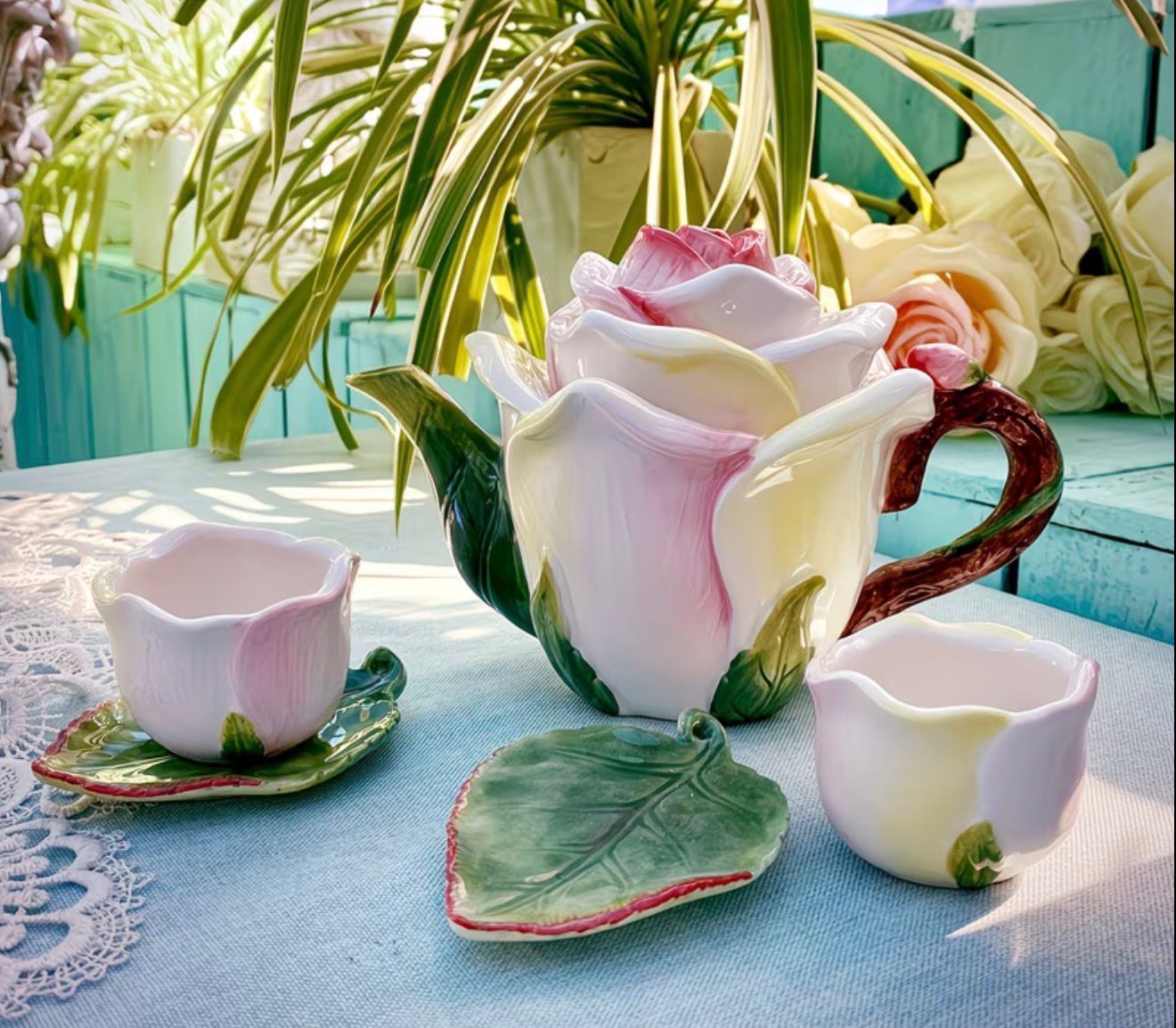 Elegant Rose Ceramic Teapot & Cup Set – Floral Tea Set for Home & Gift (1 Set)