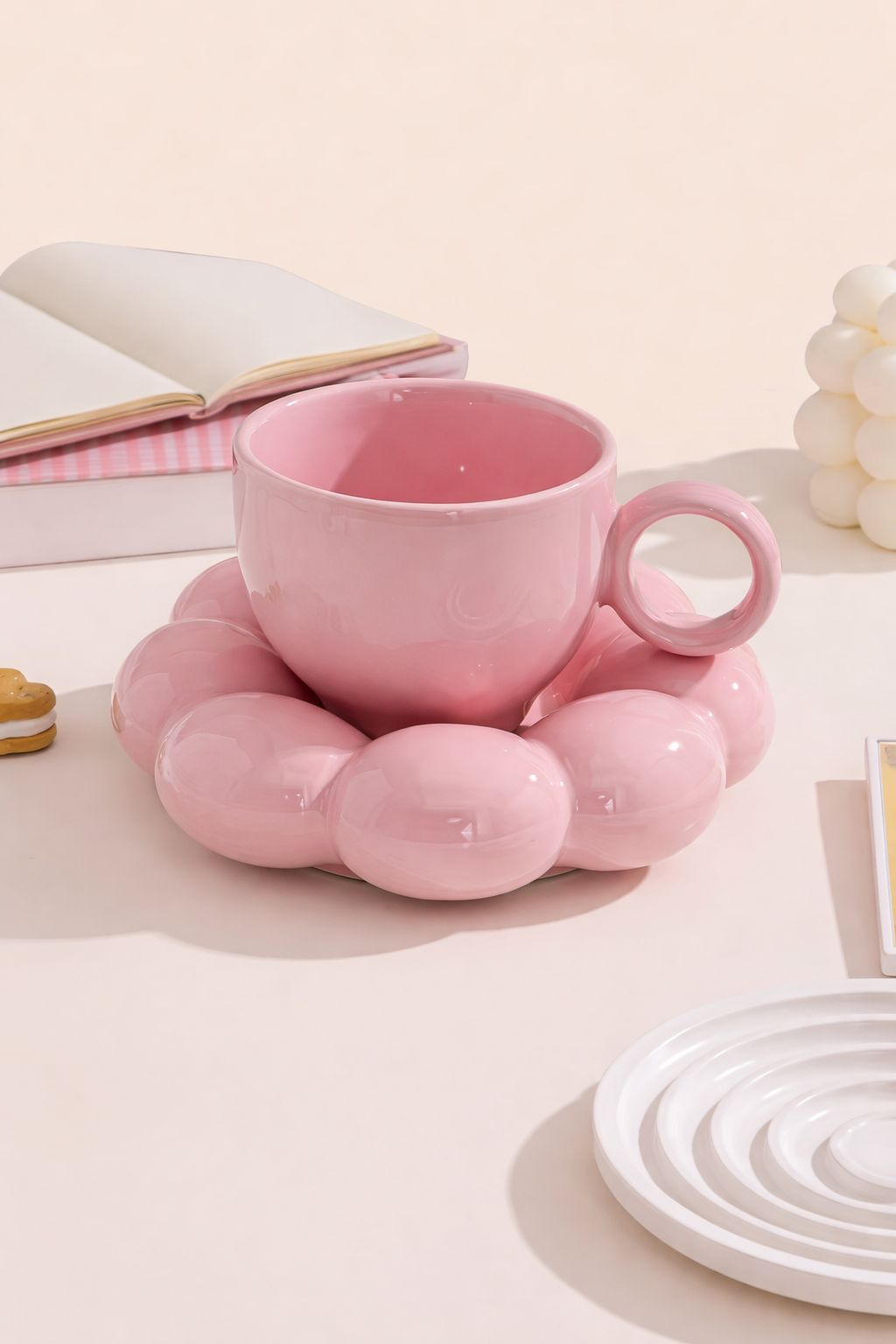 Pink Bubble Ceramic Cup with Sculpted Saucer