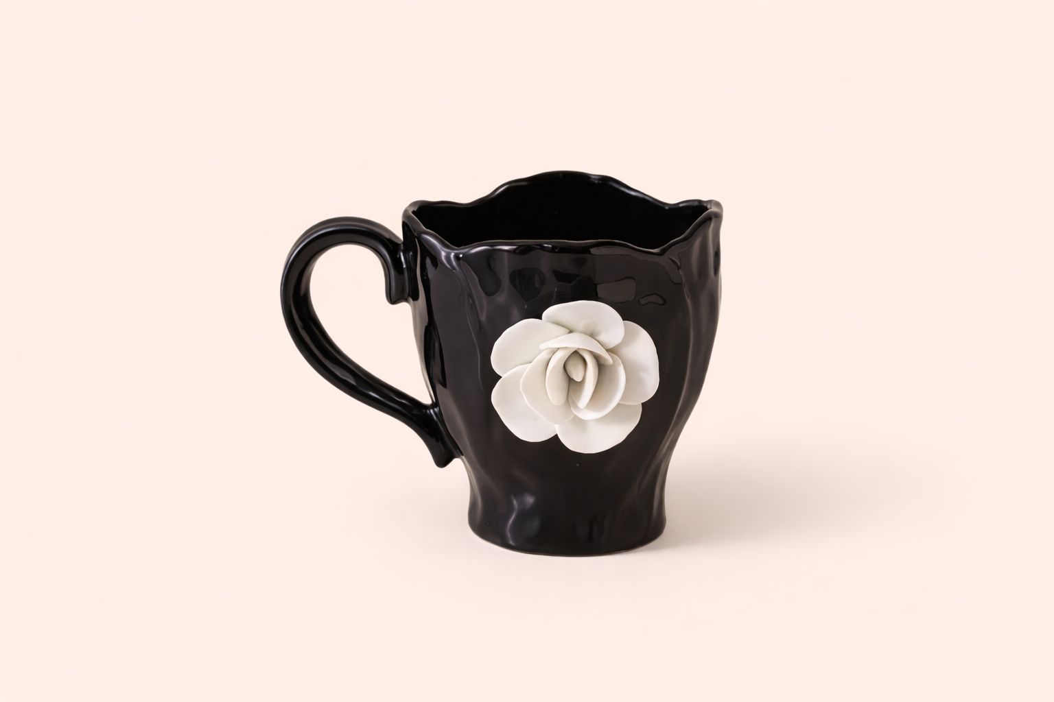 Black Ceramic Mug with 3D Flower Design